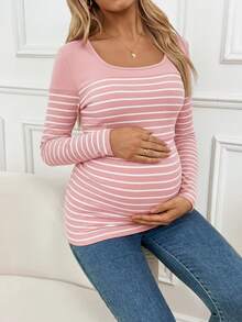 SHEIN U-Neck Raglan Sleeve Casual Comfortable Breathable Striped Nursing Top Pregnant Clothes Maternity Tops Pregnancy Shirts Breastfeeding Shirt - Pink - View 4