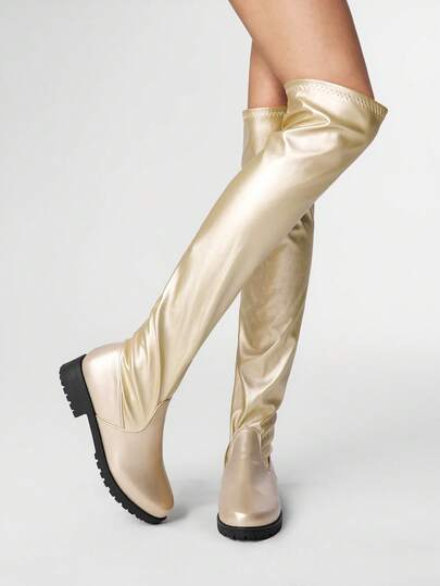 Goth بوت نسائية ذات رؤوس مربعة وكعب منخفض، مطوية بشكل مطاطي، من الجلد العلوي، بوت فوق الركبة بتصميم عصري للارتداء في الخارج، وصول جديد للخريف/الشتاء