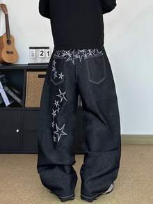 STEELVANCE 男士休闲宽松阔腿牛仔裤，后袋饰有星星刺绣，街头风 - 黑色 - 查看 2