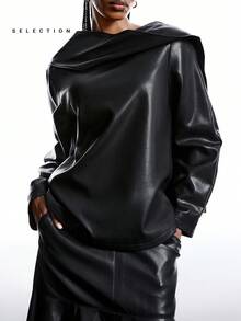 LYSMO 2025 Women's Chic Minimalism Cowl Neck Black Leather Top,Autumn Winter Fashionable Solid Color Commuter Jacket,Formal Evening Night Out Design Tops - Black - View 6