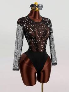 Mistrie Women's Fashionable Sexy Rhinestone Mesh Black Bodysuit,Glitter Top,Sparkly Bodysuit, Sequin Bodysuit Valentines Day Outfit,Wedding Party Outfit, Wedding Guest Outfit,Birthday Outfits,Summer Holiday Outfits,Y2k Clothes - Black - View 6