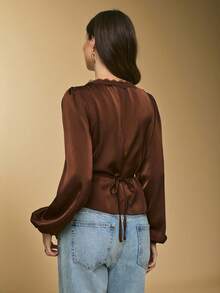 Poéselle Women's Shirt Satin Lace-Trim Peplum Blouse – Chocolate Brown V-Neck Button-Front Top With Balloon Sleeves & Tie-Back Waist Satin Blouse Women Lace Trim Top Chocolate Brown Blouse Peplum Shirt V Neck Button Front Romantic Date Night Top Tie Back Blouse Fall Chic Women's Solid Color Contrast Lace V-Neck Lantern Sleeve Single-Breasted Elegant Blouse Brown Blouse New Year Women's Winter For Women - Brown - View 6