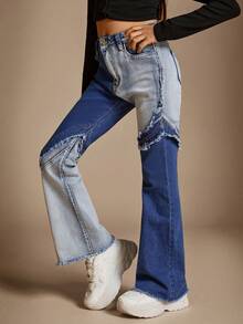 Radiana 青少年女孩 Y2K 双色毛边剪裁拼接喇叭牛仔裤，带口袋和毛边下摆，青少年女孩秋季返校街头服饰 - 深色水洗藍 - 查看 7