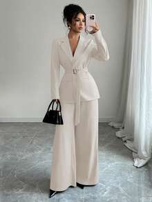 Elenzga 2025 Spring/Autumn New Fashion Elegant Casual/Office Commute Metal Buckle Waist Long Sleeve Jacket + Straight Loose Wide Leg Pants Suit Set - Apricot - View 5