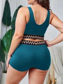 Swim Lushoire 大码女士纯色圆领抹胸上衣和高腰短裤泳衣套装，性感优雅休闲，适合日常、海滩、度假穿着 - 水鴨藍 - 查看 2