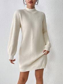 Chiquease 小高領落肩袖毛衣洋裝不附腰帶 - 杏色 - 查看 4