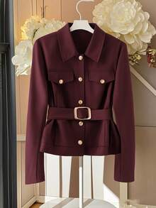 Franclia 大码女士优雅酒红色纯色系带金属扣装饰长袖西装外套 - 酒紅色 - 查看 1