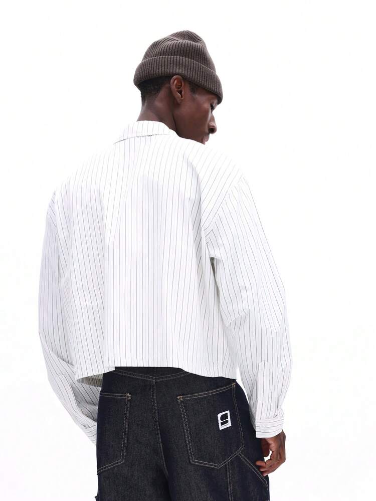 Crop Fit Pinstripe Shirt With Attached Tie