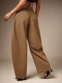 Hauture Basic Summer Casual Solid Charcoal Pleated Oversized Barrel Pants - Brown - View 5