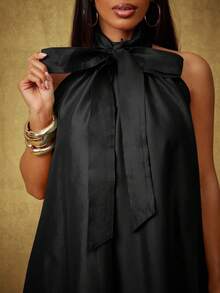 Vixey 纯色塔夫绸蝴蝶结露背超宽腿连体裤 - 黑色 - 查看 5