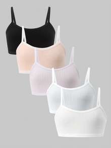 5件装纯棉无钢圈文胸，适合青少年女孩，舒适无衬垫吊带背心