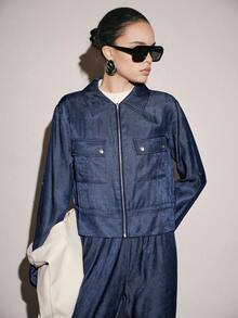 Lumivelle Women's Spring/Autumn Denim Effect American Cargo Style Style Pocket Jacket & High Waist Straight Leg Pants 2-Piece Set - Navy Blue - View 1