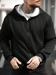 Manfinity CasualCool 男士休闲保暖连帽拉链卫衣，秋季男士拉链连帽衫，男士夹克，男士街头风拉链外套 - 黑色 - 查看 6