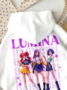 SHEIN Leap Crew 白色韩流卡通少女肖像休闲舒适加厚柔软长袖卫衣，适合秋冬季日常穿着、外出、街头风、校园穿搭。 - 白色 - 查看 3