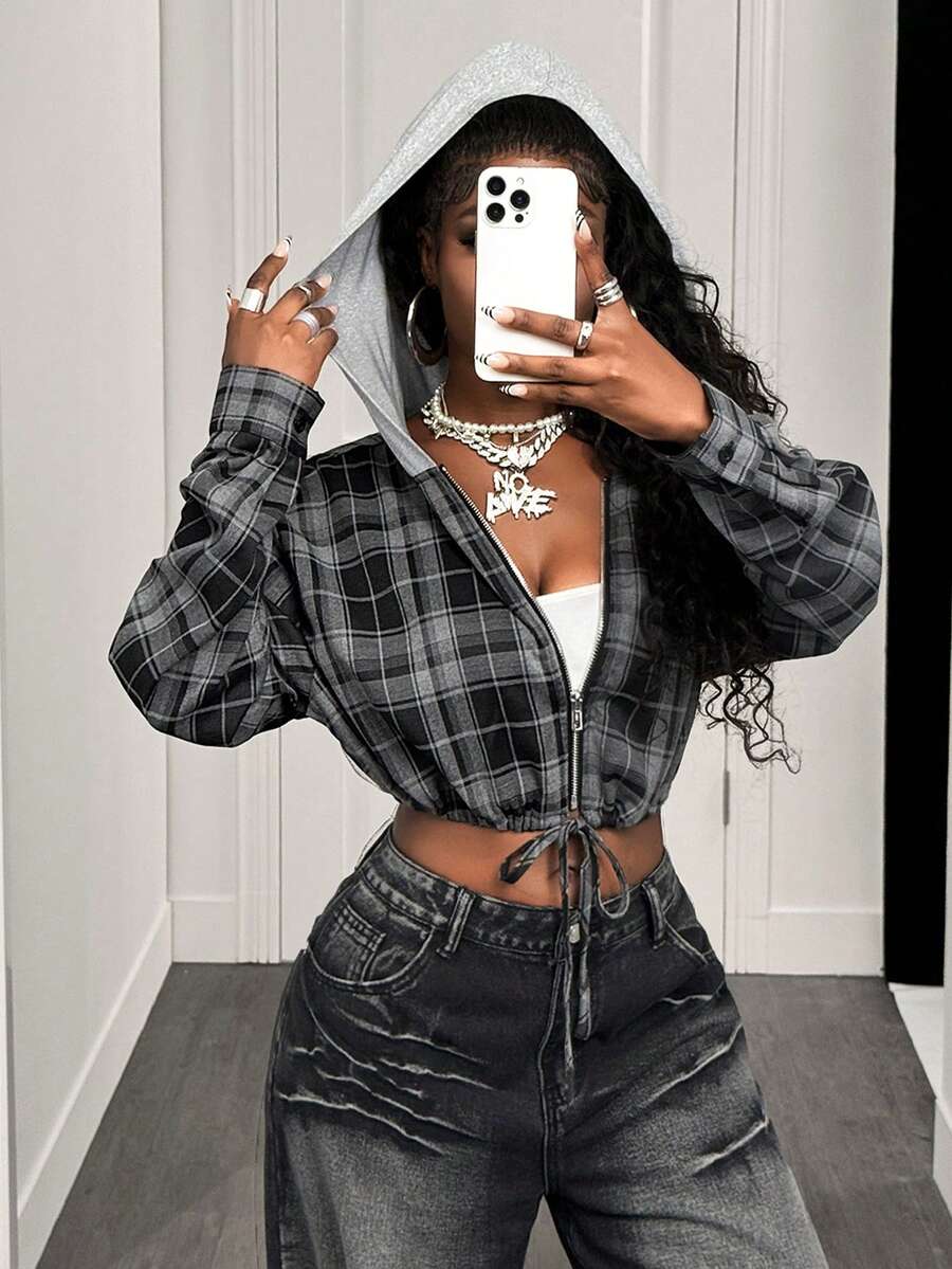 BamGleam Women's Vintage Casual Plaid Patchwork Drawstring Waist Lightweight Hooded Short Jacket, Winter New Style