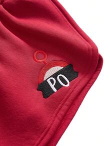 Teletubbies X ROMWE Women's Casual Zip-Up Hoodie And Embroidered Shorts 2 Pieces Set, Autumn - Burgundy - View 2