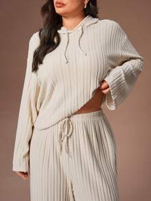 SHEIN Soft Rib Knit Hooded Sweatshirt And Drawstring Pants Casual Loungewear Pajama Set Cozy Lounge Sets - Apricot - View 4