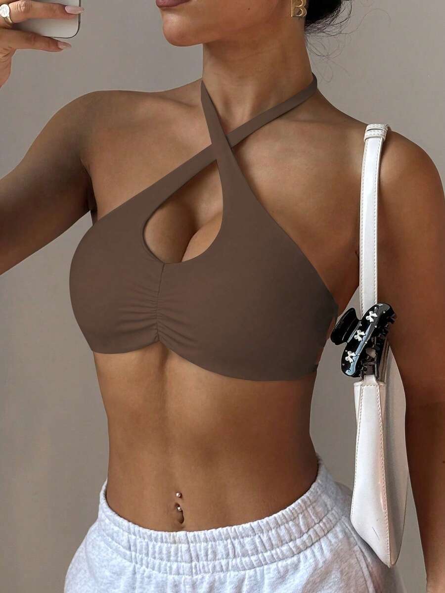 Dewbera Damen Sport-BH mit geraffter Halterung am Ausschnitt, abnehmbare gepolsterte Kreuzträger, geeignet für täglichen Lässig-Trag, Tennis, Yoga, Fitness und mehr