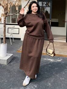 Dazy Plus 2pcs/Set Fashionable Glitter Powder Loose Fit Thickened Thermal Lined Casual Tracksuit For Plus Size Women, Autumn/Winter - Coffee Brown - View 3