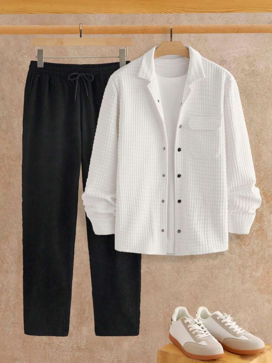 Manfinity VCAY Men's Casual Solid Color Long Sleeve Shirt And Pants Set - White - View 1