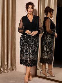 Cravure Váy dài tay cổ chữ V phối ren lưới thanh lịch cỡ lớn, mùa thu - màu đen - Xem 8