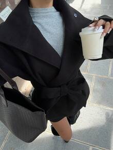 SHEIN EZwear Women's Warm Coat: Black Double-Button Closure, Belted High Waist & Wide Long Sleeves | Casual Drop Shoulder Style Women's Black Casual Coat For Autumn & Winter - High Collar, Belted Waist, Warm With Drop Shoulder & Wide Long Sleeves - Black - View 5