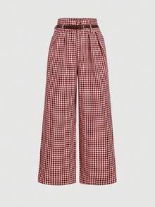 SHEIN MOD Quần ống rộng cạp cao họa tiết kẻ caro đỏ cổ điển cỡ lớn, trang phục công sở/đi làm thanh lịch - Màu Đỏ Sâu - Xem 1