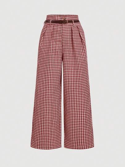 SHEIN MOD Plus Size Retro Red Plaid High Waist Wide Leg Pants, Elegant Office/Commuting Wear