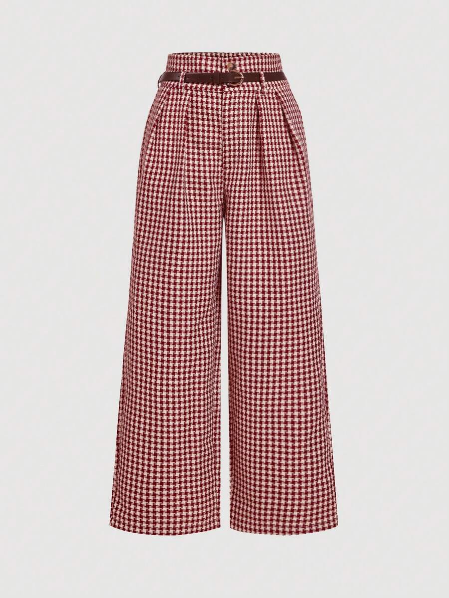 SHEIN MOD Quần ống rộng cạp cao họa tiết kẻ caro đỏ cổ điển cỡ lớn, trang phục công sở/đi làm thanh lịch - Màu Đỏ Sâu - Xem 1