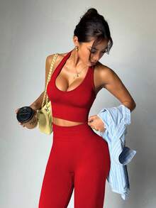 StreetHx Women's Casual Sports Solid Color Halter Neck Tank Top & Leggings Set - Red - View 4