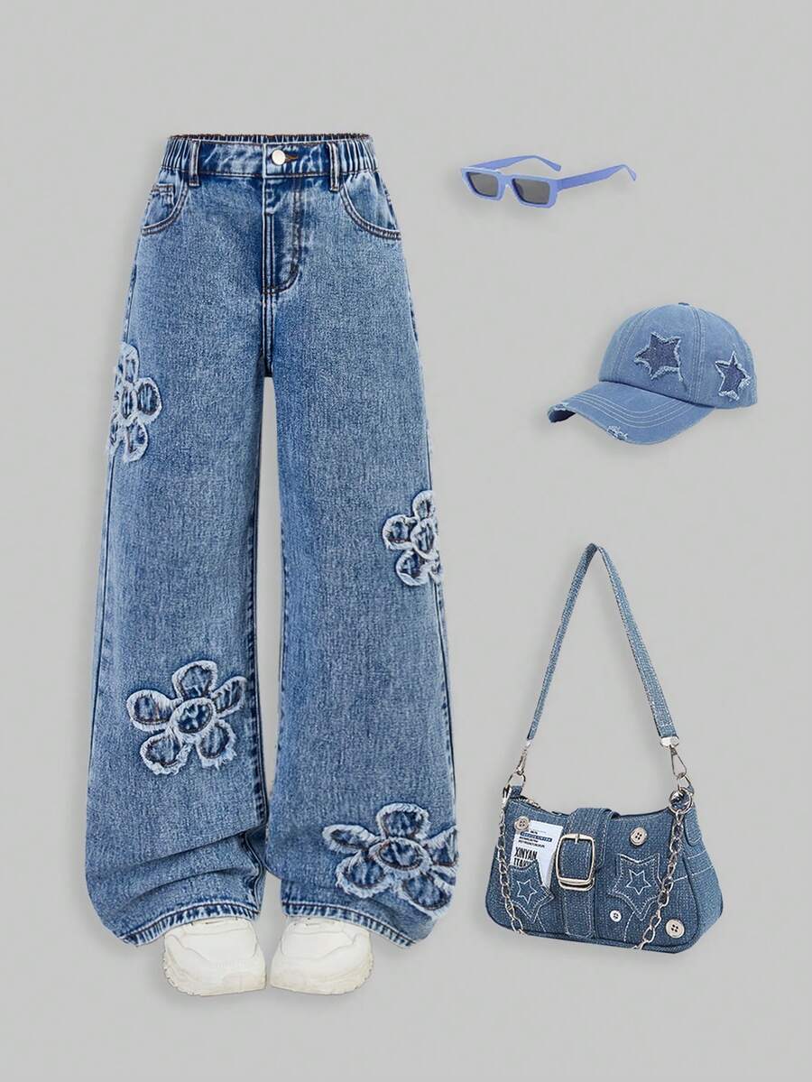 SHEIN ChillGRL Tween GirlsNew Fashion Snowflake Washed Distressed Embroidered Wide-Leg Jeans - Medium Wash - View 1