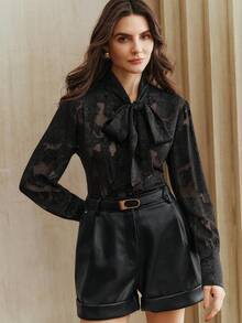 Anewsta Elegantes schwarzes Kragen-Bindekragen-Ausschnitt Blumen-Stoff Damen Langarm-Hemd, neues Herbst-Design