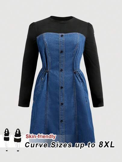 SHEIN CURVE+ Plus Size Women Casual Waist Cinched Long Sleeve Denim Dress,Knit Contrast Denim Dress,Long Sleeve Patchwork Dress,Drawstring Waist Dress,Button-Down Denim Dress,Pocket Design Denim Dress,Casual Denim Dress,Casual Office Denim Dress,French Chic Denim Dress,Everyday Cinched Waist Dress,Urban Casual Denim Dress,Workwear Versatile Dress,Date Night Denim Dress,Plus Size Knit Patchwork Midi Denim Dress,Drawstring Waist Button-Down Denim Dress