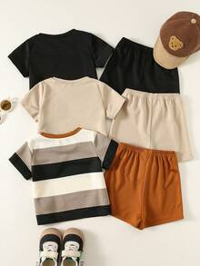 SHEIN Bộ 6 món/Bộ áo thun tay ngắn họa tiết gấu và sọc dễ thương dành cho bé trai/bé gái, phù hợp cho mùa xuân/hè, tiệc sinh nhật, đám cưới, tiệc chào đón em bé, lễ rửa tội - Màu Khaki - Xem 2