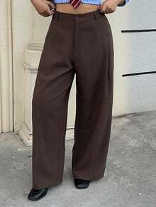 Dazy Plus Plus Size Women Casual Pleated Side Loose Straight Leg Long Pants - Brown - View 6