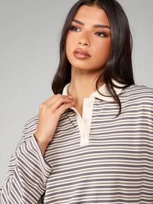 MISSGUIDED 女士宽松长袖条纹 Polo 衫，翻领罗纹领口，秋冬休闲衬衫/上衣 - 彩色 - 查看 4