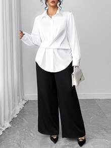 Elenzga Plus Size Solid Color Long Sleeve Casual Shirt - White - View 7