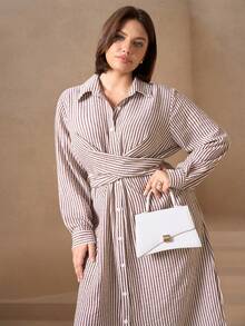Chikora Plus Size Women Long Sleeve Silky Striped Shirt Dress,White Autumn Office Commute Midi Dress,Smart Casual Elegant Modest Front Opening Fall Outfits - Multicolor - View 6