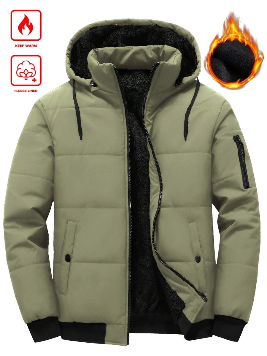 Manfinity Homme 男士保暖连帽拉链羽绒服，冬季款 - 橄欖綠 - 查看 1