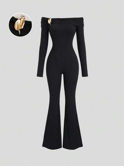 SHEIN Unity Black Metal Buckle Decor Off Shoulder Ruched Long Sleeve Fitted Flare Jumpsuit, Super Stretchy & Soft, Elegant Vintage Minimalist Style For Commute, Party, Yoga, Versatile For Women In Autumn/Winter