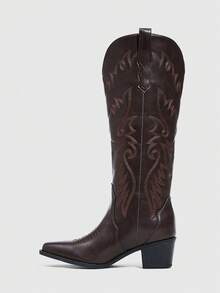 Daringsoles 方头低跟西部刺绣套穿式冬季保暖性感派对女士中筒靴，棕色PU皮革 - 咖啡棕 - 查看 9