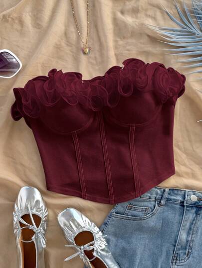 Soleia Romantic Sexy Ruffle Trim Fitted Tube Top, Suitable For Holiday, Date Night, Valentine's Day, Afternoon Tea Maroon Top Strapless Shirts Wine Red Top Burgundy Top Corset Tops For Women