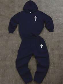 SHEIN 2pcs/Set Teens Boys' Loose Fit Graphic Hoodie And Sweatpants Set