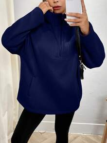 INAWLY Áo nỉ trùm đầu nửa khóa kéo đơn sắc thường ngày dành cho nữ - Màu xanh hải quân - Xem 3