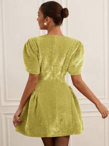 Revavyn Tulip 3D Short Sleeve Round Neck Hem Split Puff Skirt Mini Princess Dress For Women - Yellow - View 2
