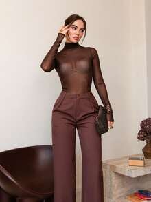 Bris Aura 斯德哥尔摩风格，女士教师装，秋季时尚，高领高领针织上衣，优雅秋冬衬衫，网眼长袖衬衫，商务休闲女士基本款上衣 - 棕色 - 查看 6