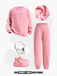 JNSQ Tween Girl Fleece Sweatshirt Set, Letter Embroidery Thick Long Sleeve Outfit, Suitable For Autumn/Winter Daily Wear, Outdoor Activities, Vacation, Streetwear, Party, Casual - Baby Pink - View 1