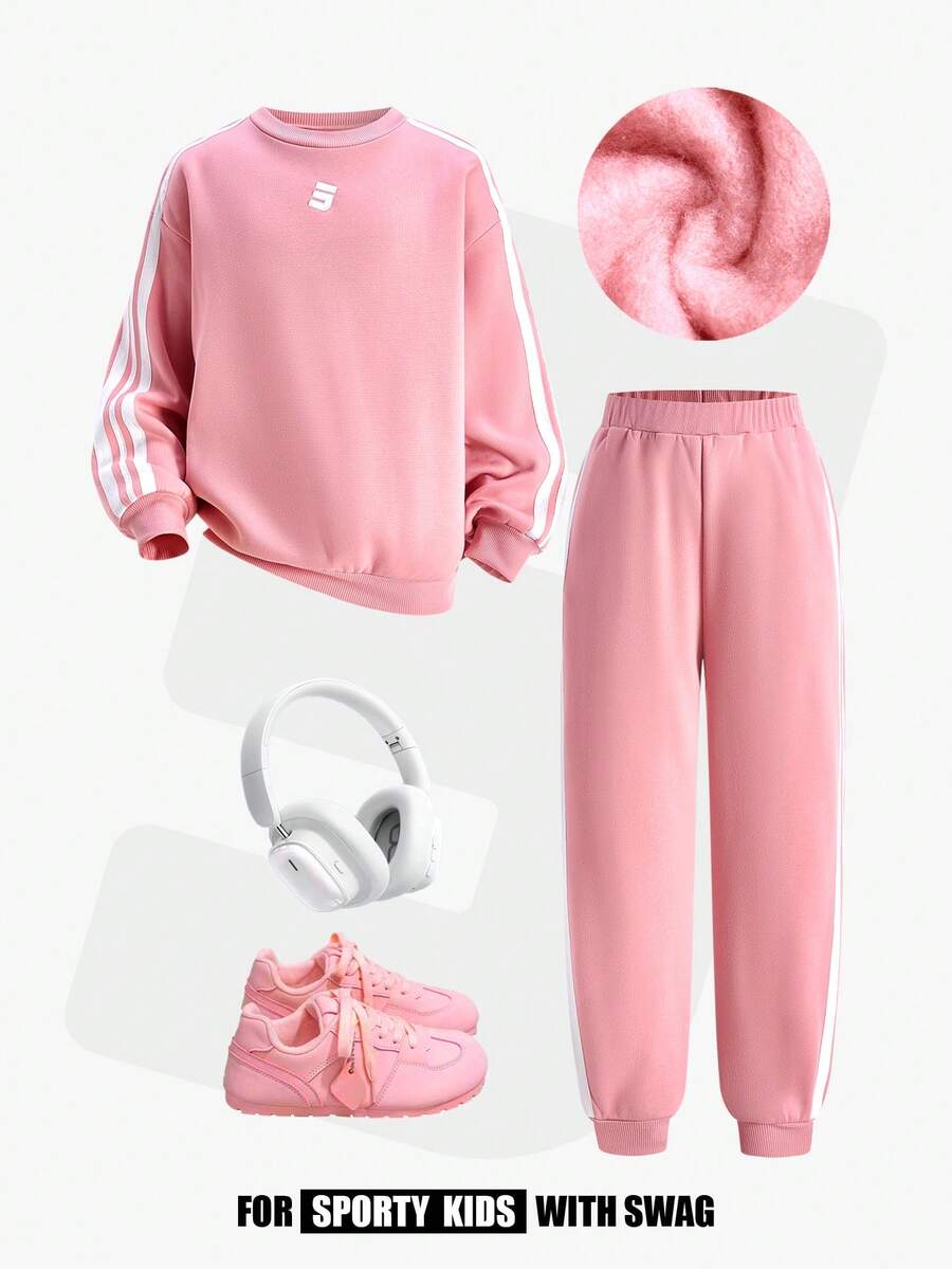 JNSQ Tween Girl Fleece Sweatshirt Set, Letter Embroidery Thick Long Sleeve Outfit, Suitable For Autumn/Winter Daily Wear, Outdoor Activities, Vacation, Streetwear, Party, Casual - Baby Pink - View 1