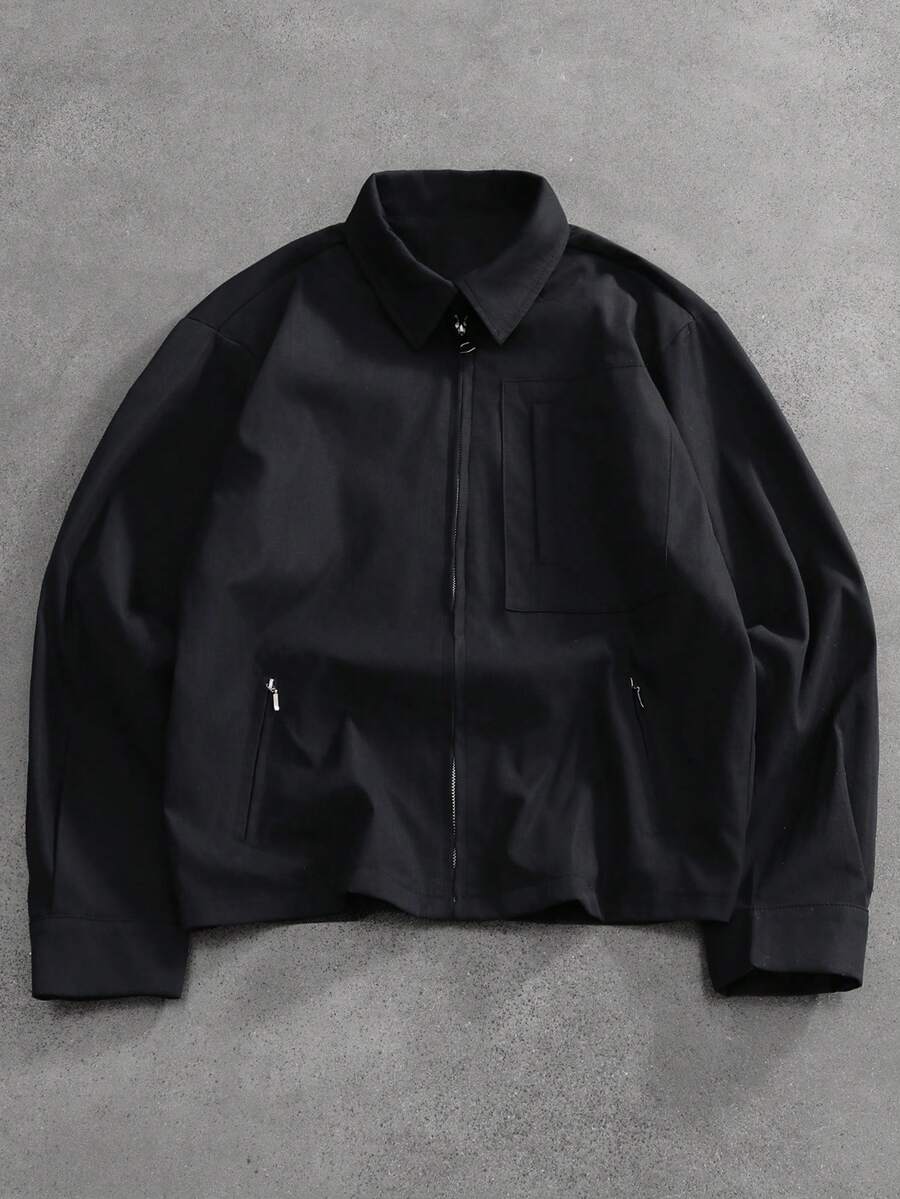 STYNVO 男士休闲时尚街头风日常通勤简约纯色拉链衬衫，春秋季 - 黑色 - 查看 1