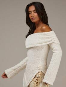 Athîral Blusa de punto de un hombro de manga larga para mujer, Blanco Nochevieja, Suéter Beige, Blusa casual para mujer, Blusa elegante para mujer, Blanco Nochevieja, Ropa de Navidad para mujer, Blusa blanca, Ropa de fiesta para mujer, Blusas básicas, Blusa de hombros descubiertos - Blanco - Ver 5